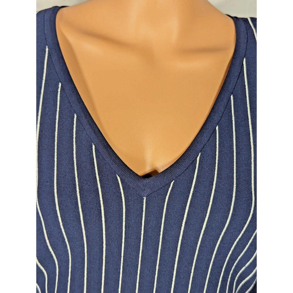 NWT MILLY Pinstripe Dress Navy/White Size L Flair Skirt Party Cocktail Workwear - Picture 3 of 9